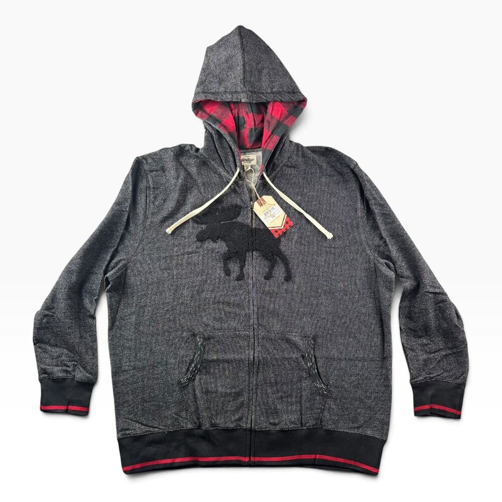Hatley Heritage Men's XXL Moose Full Zip Hoodie Charcoal Plaid NWT